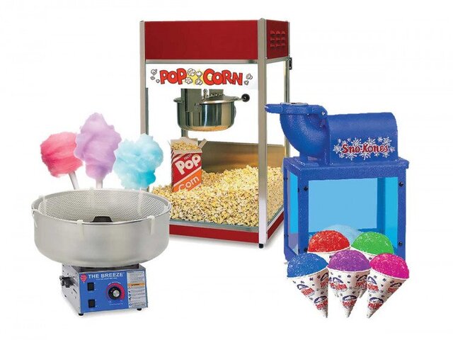 Professional popcorn machine and snow cone maker rental setup for events by Coastal Party Rentals in Myrtle Beach and Murrells Inlet.