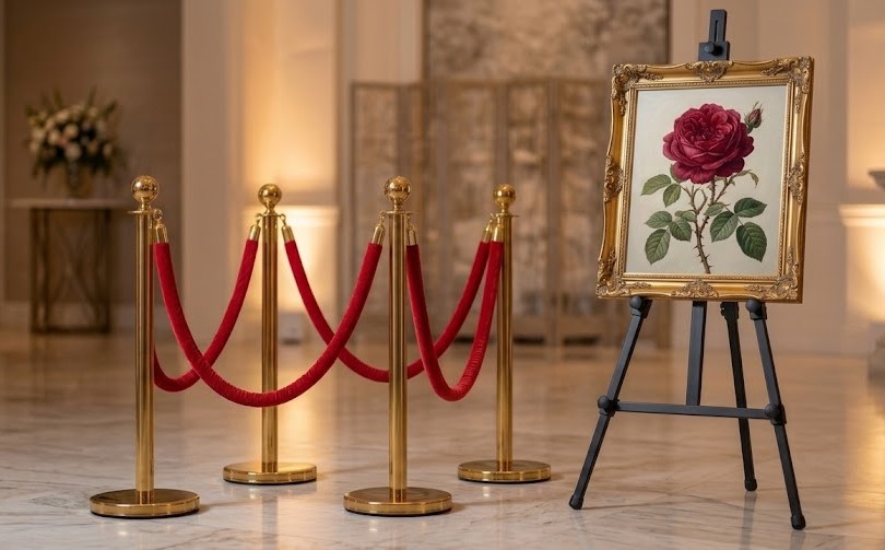 Gold stanchions with red velvet rope and a black display easel set up for an event in Myrtle Beach
