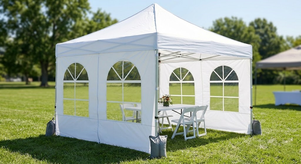 Opaque white solid tent sidewalls installed on a high-peak event frame tent by Coastal Party Rentals in Myrtle Beach, complete with a centered zipper door and weather-resistant fabric.