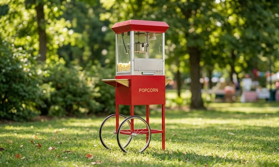 A professional red vintage-style popcorn machine on wheels, set up for an outdoor event by Coastal Party Rentals in Murrells Inlet.