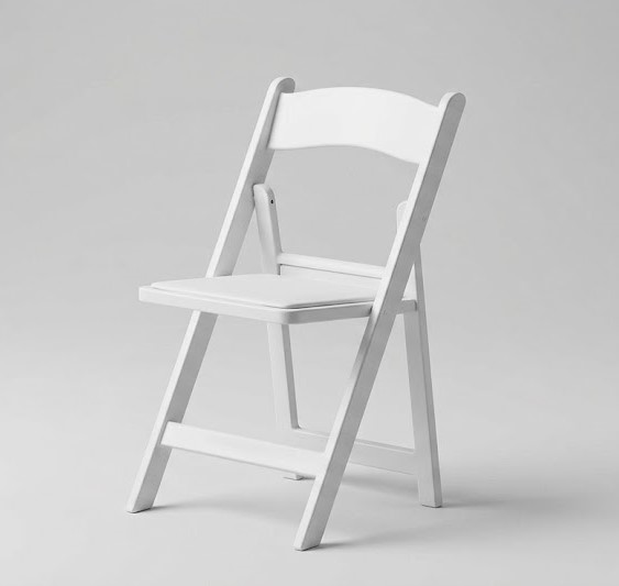 White resin garden chair with a padded seat, set up for an elegant wedding ceremony rental in Murrells Inlet.