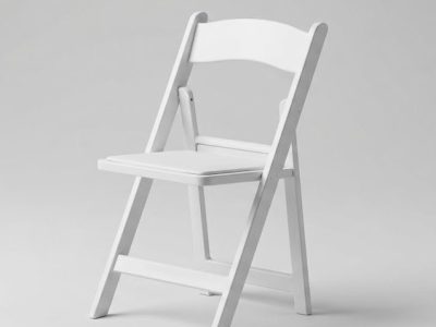 White Padded Garden Chair Rental Murrells Inlet White resin garden chair with a padded seat, set up for an elegant wedding ceremony rental in Murrells Inlet.